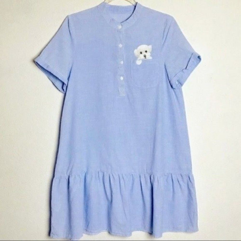 EarthYield stripe blue dress embroidered dog Large BoxC